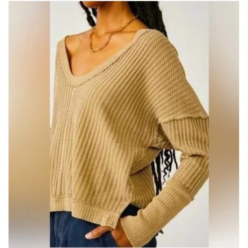 We The Free Magic‎ Thermal Waffle Golden Olive Oversized Pullover Top Boho XS